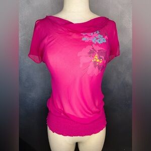💖Y2K Express 100% Silk Fuchsia Floral Sheer Top - Size 3/4💖